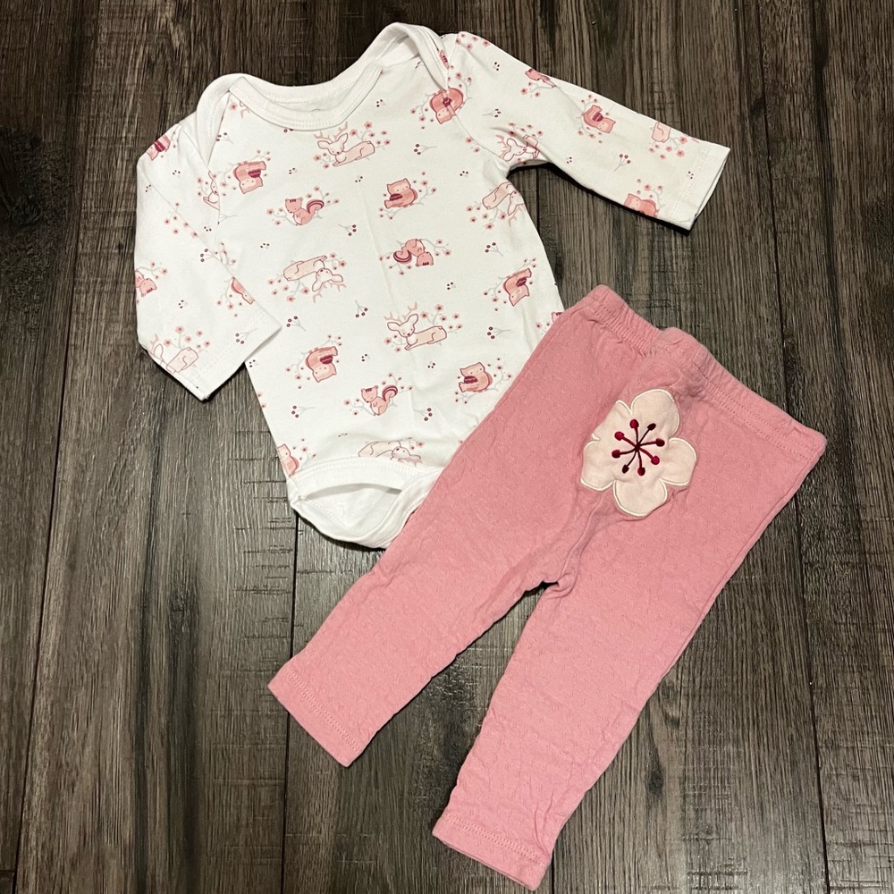 Rene Rofe Critter Onesie Bodysuit and Flower Pink Pants